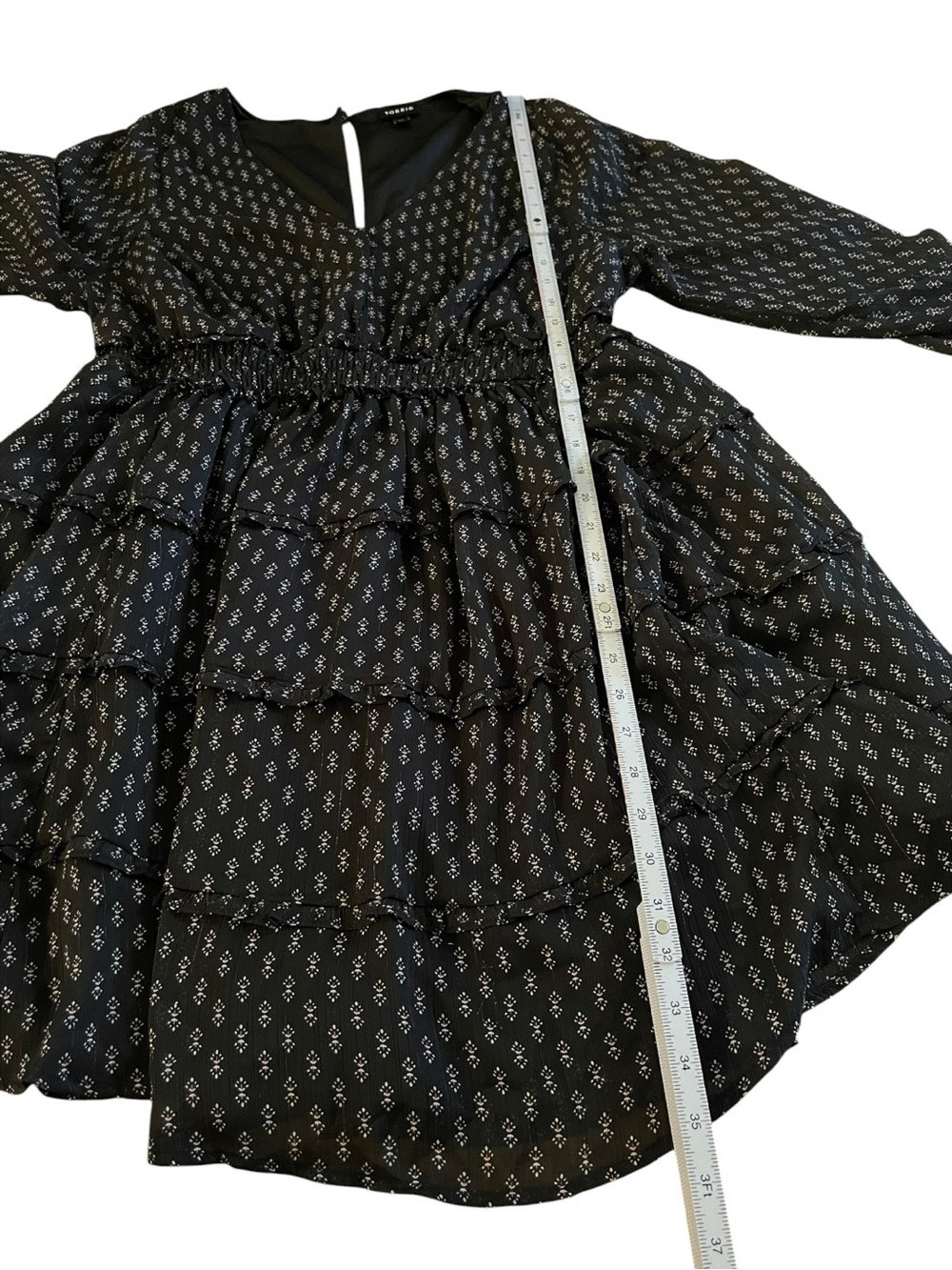 Torrid Mini Lurex Chiffon Tiered Dress Black Long Sleeve Size 00 Plus Boho - Picture 6 of 14